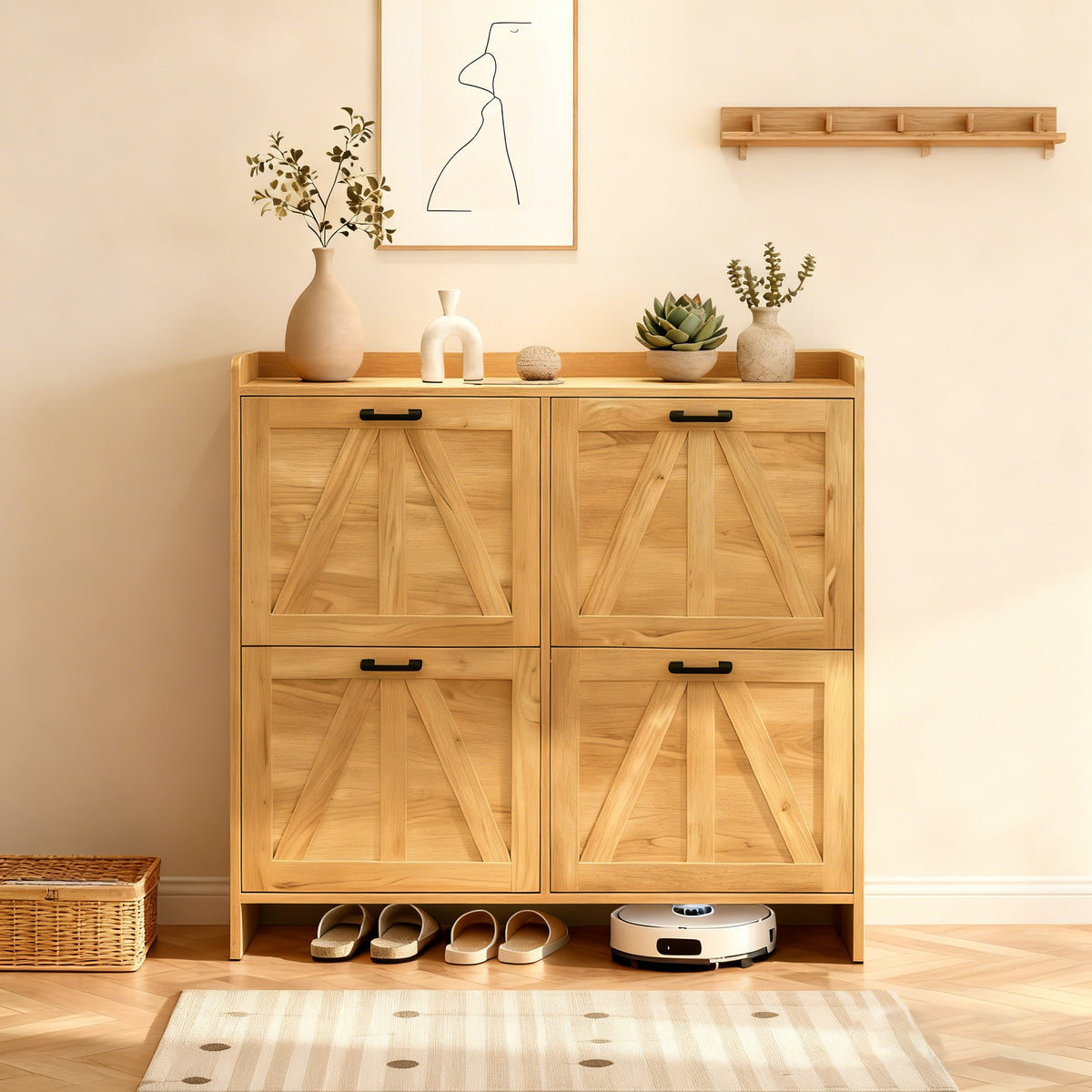 Light Oak Shoe Cabinet with Four Flip Drawers