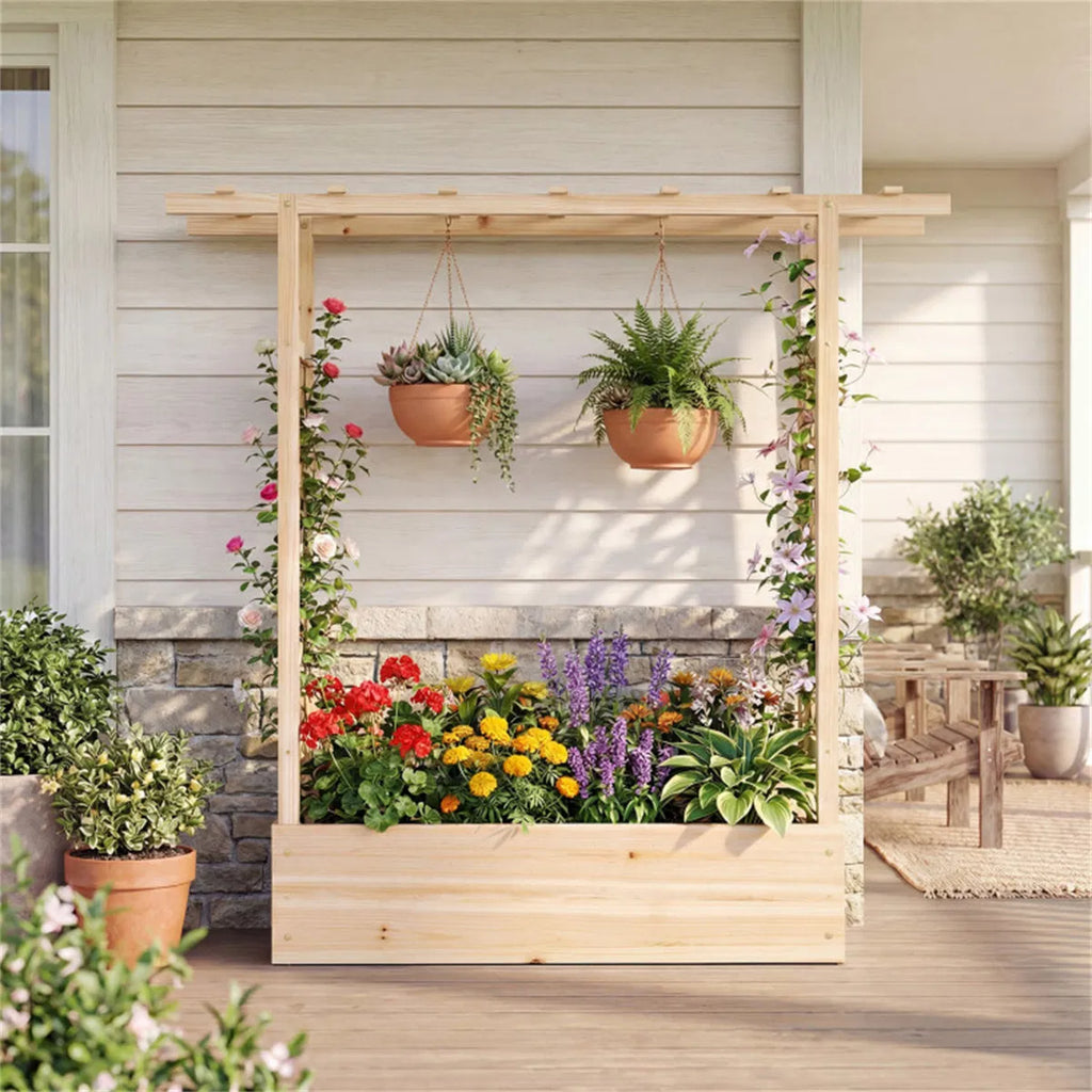 Fir Wood Raised Garden Bed with Side Trellis 109.22×35.56×114.30 cm Planter - Image 3