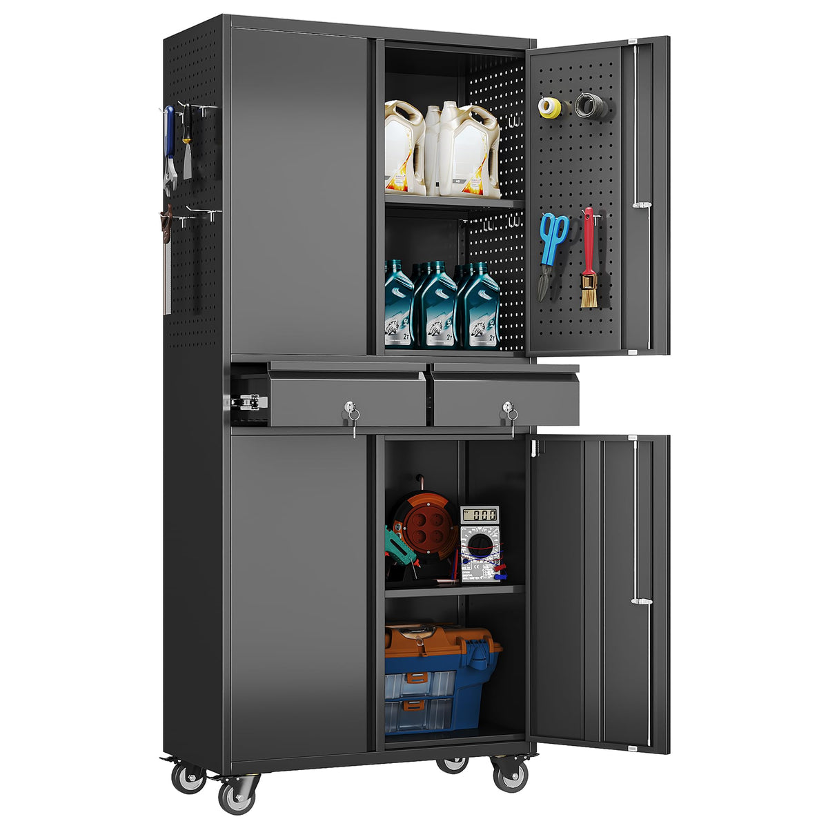 71 Inch Garage Storage Cabinet With 2 Drawers Pegboard And Wheels - Image 3