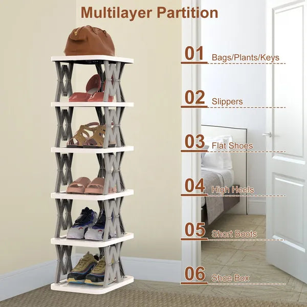 tier foldable shoe rack vertical in use lifestyle