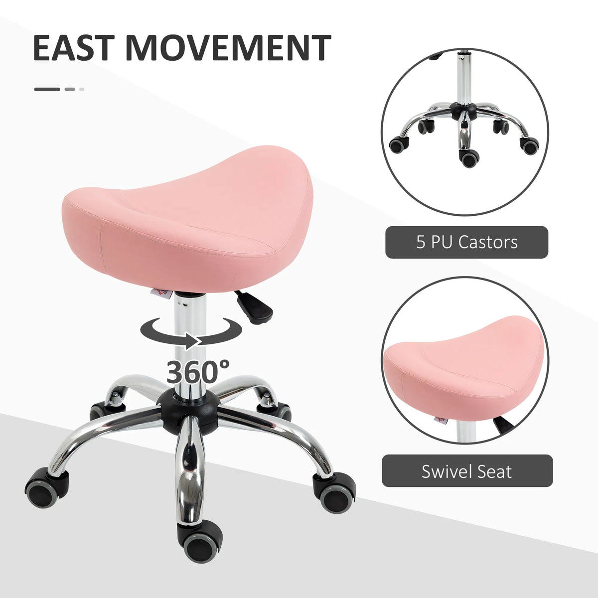 Saddle Stool Chic: Height Adjustable Rolling Salon Chair in Pink PU Leather for - Image 2
