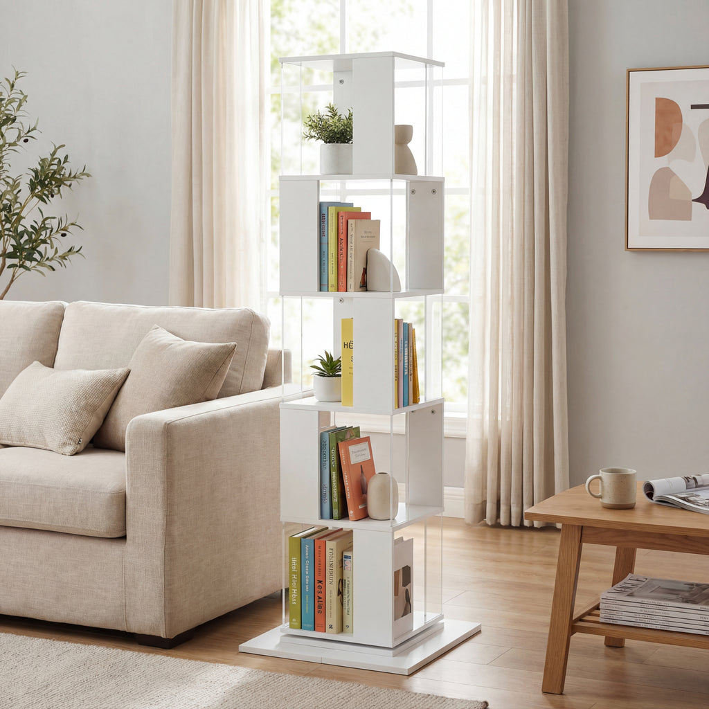 5-Tier White 360-Degree Rotating Bookshelf