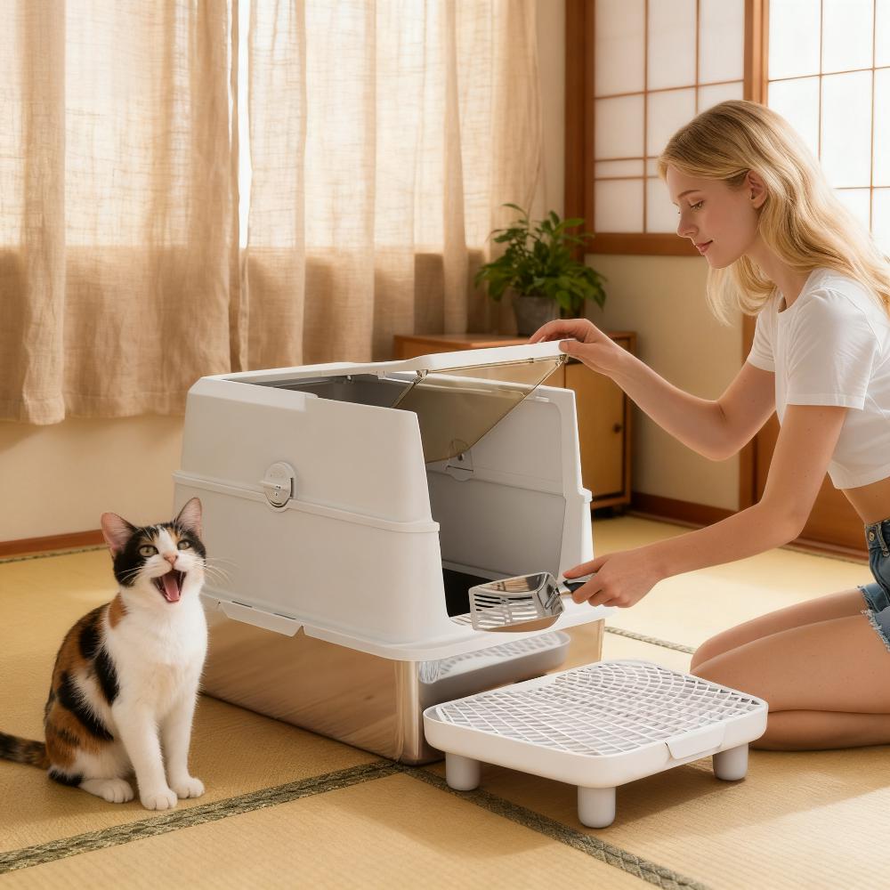 Cat Stainless Steel Litter Box For Big Cats With Flip Cover