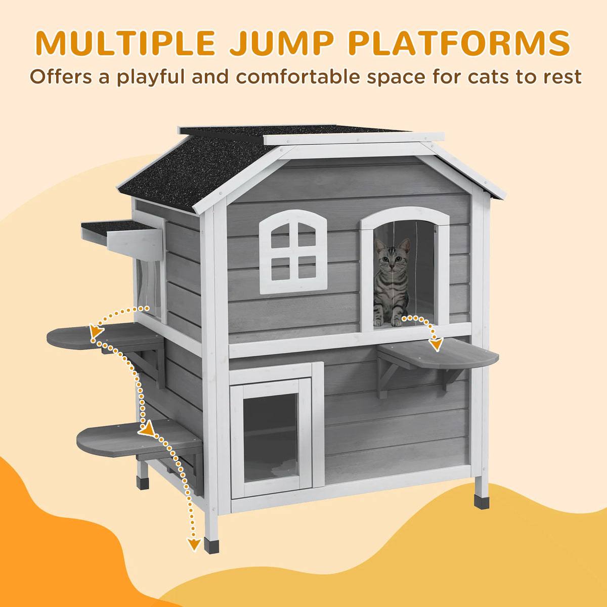 2 Storey Outdoor Cat House Wooden Catio with Openable Roof Lounge Space Fun - Image 4