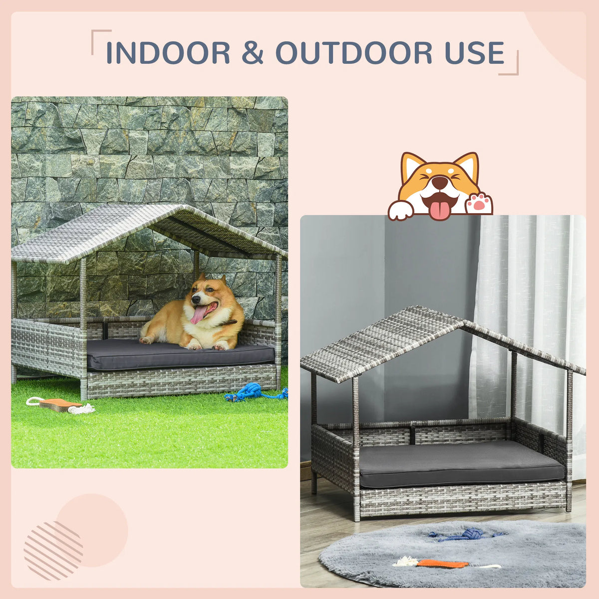 Wicker Pet House Dog Bed for Indoor/Outdoor Rattan Furniture with Cushion - Image 3