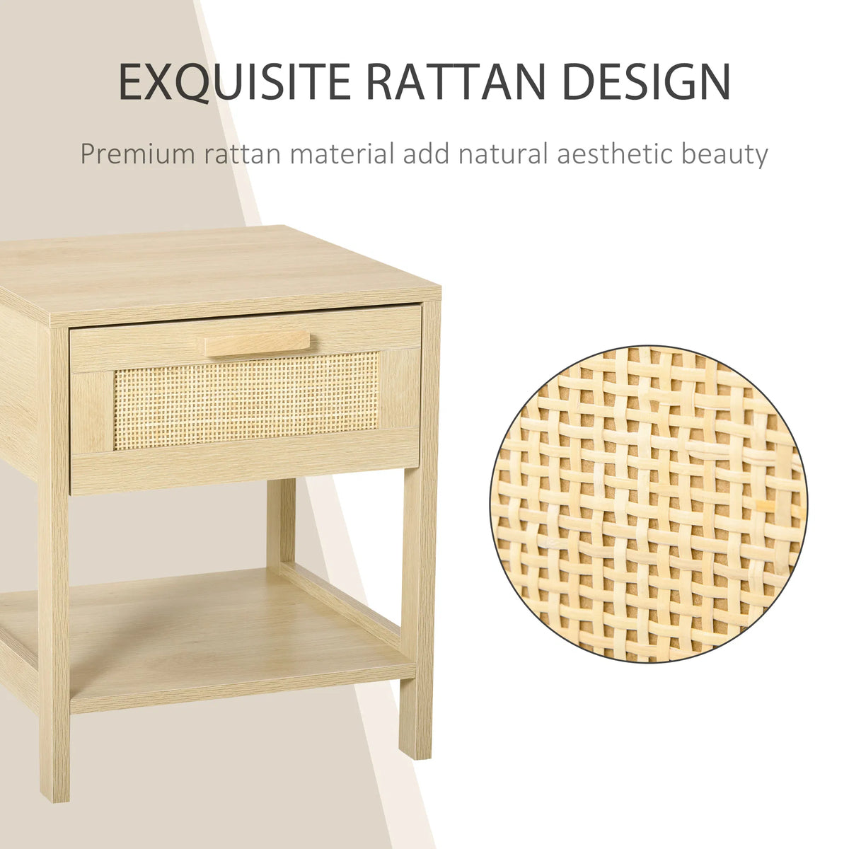 Narrow Nightstand with Rattan Elements Bedside Table with Drawer and Storage - Image 2