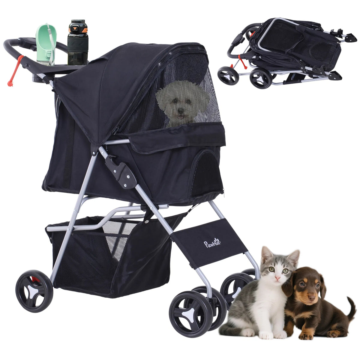 Dog Stroller One click Folding Pet Stroller with Cup Holder 4 Wheels Travel - Image 2