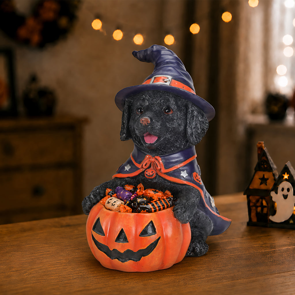 Halloween Black Labrador Retriever Witch Puppy Figurine Cute Dog Holding - Image 4