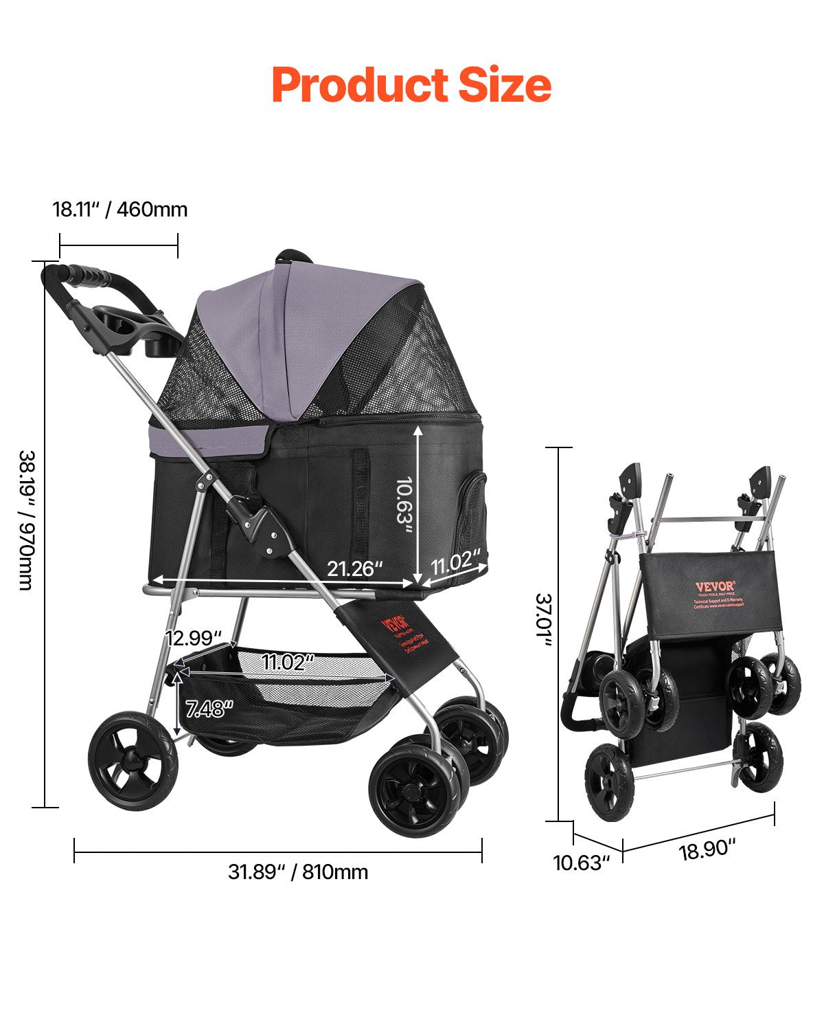 Pet stroller with 600D Oxford fabric and mesh ventilation