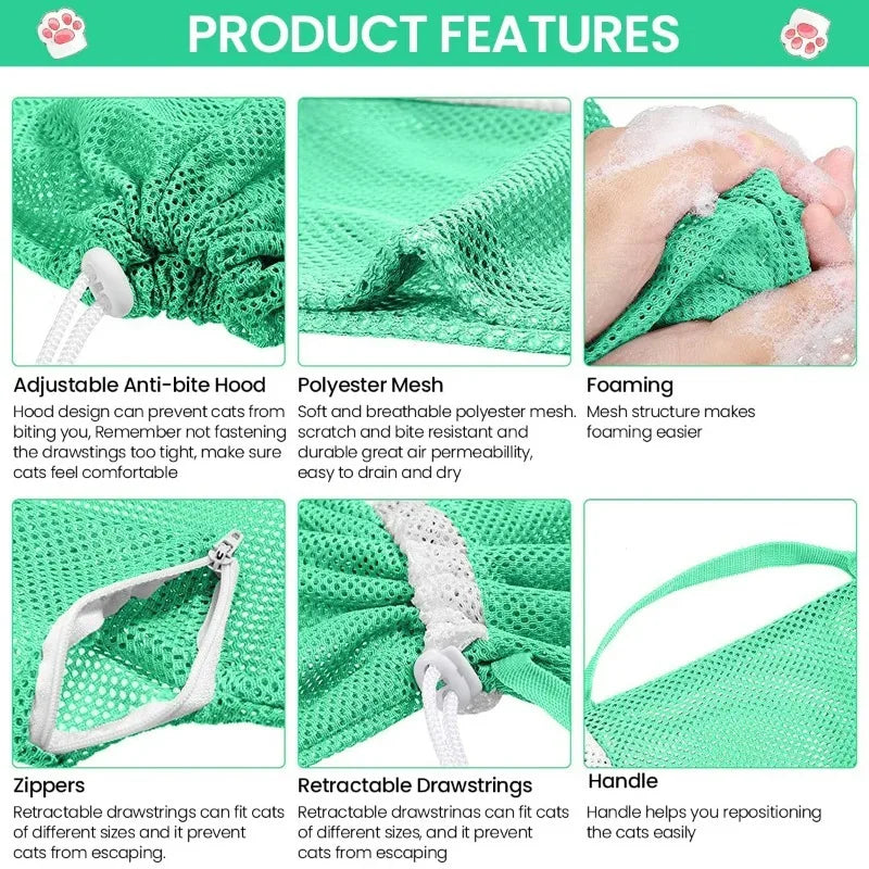Cat Grooming Shower Bag Mesh Adjustable Multipurpose Pet Restraint Bag Prevent