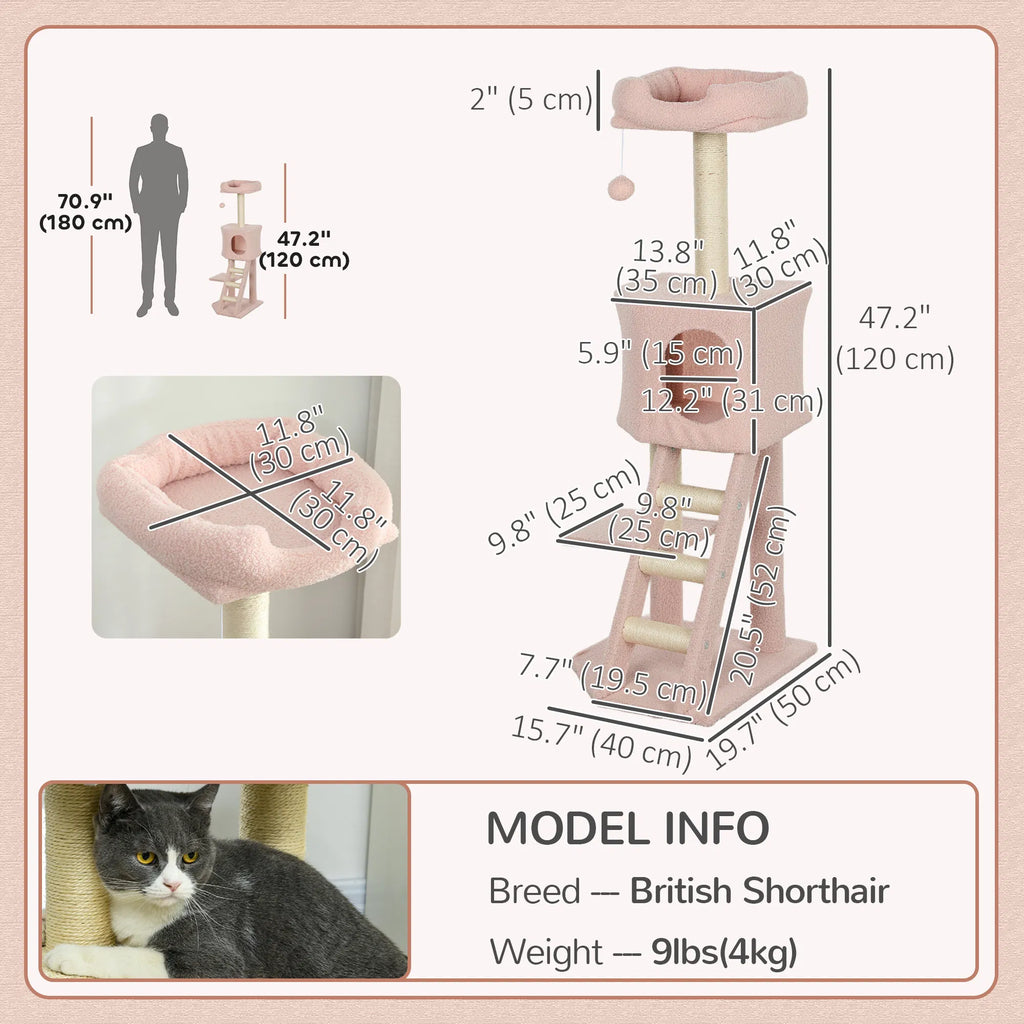 47" Tall Cat Tree Tower with Condo Ladder Scratching Posts and Hanging Ball Pink