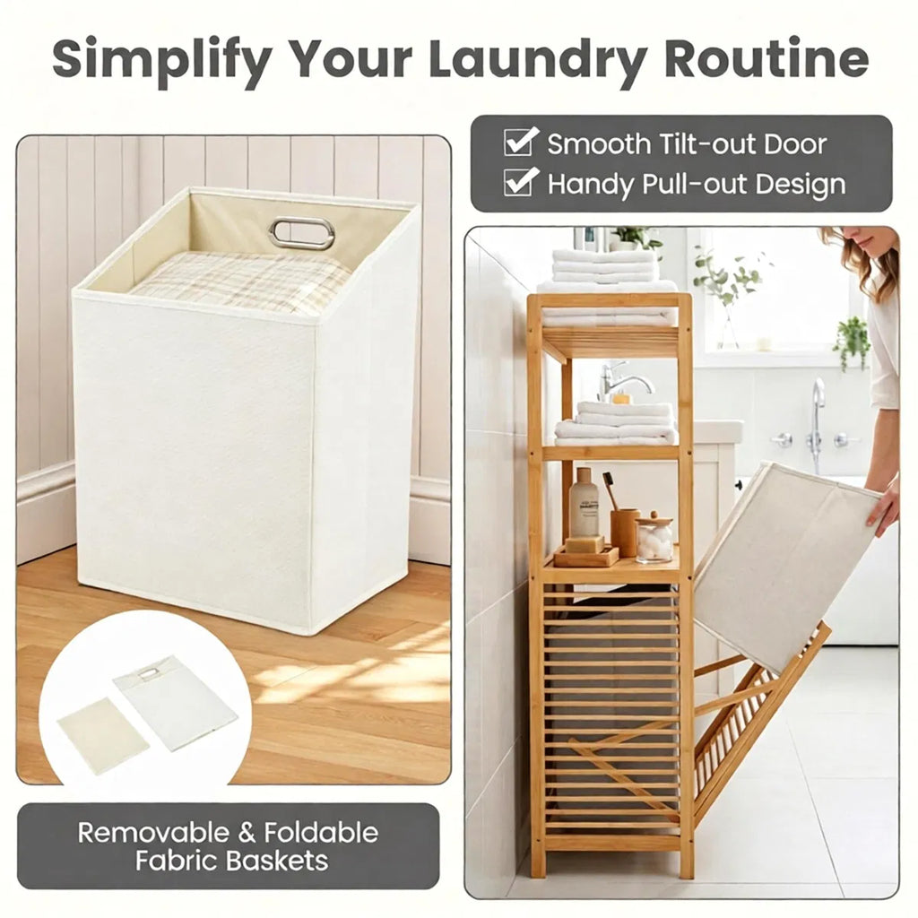 Natural Bamboo Tilt Out Laundry Hamper Cabinet with 2 Removable 7 Gallon Fabric - Image 4