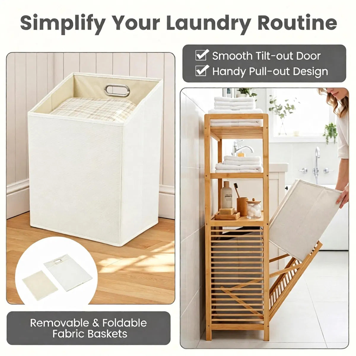 Natural Bamboo Tilt Out Laundry Hamper Cabinet with 2 Removable 7 Gallon Fabric - Image 4