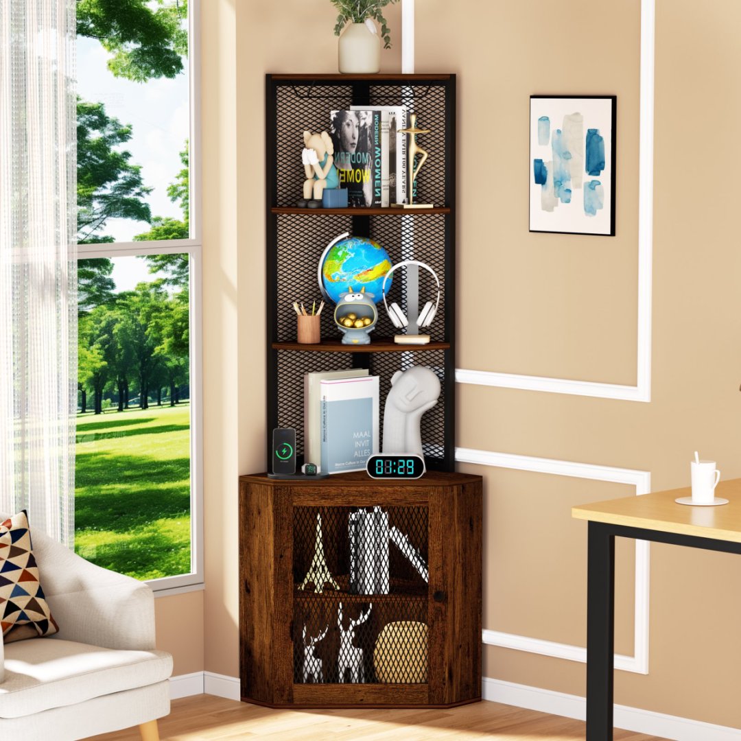 Corner Shelf With Doors 65 Cabinet Shelves Wine Glass Rack 6 Tier Bookshelf - Image 3