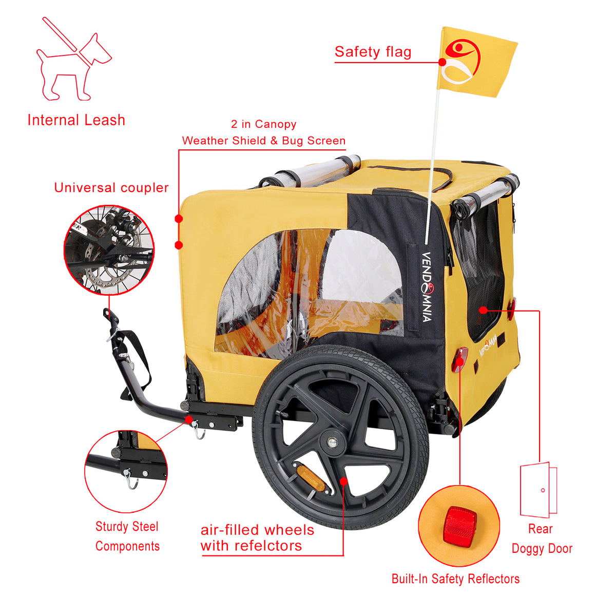 Rear side view of yellow foldable dog bike trailer