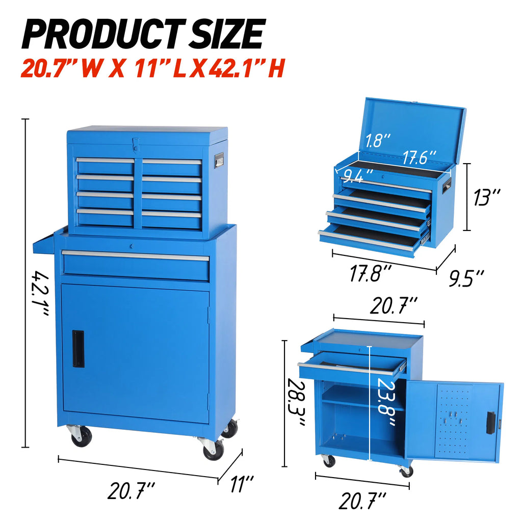 5 Drawer Rolling Tool Storage Cabinet with Detachable Tool Box and Lockable Wheels - In-Use and Feature Display