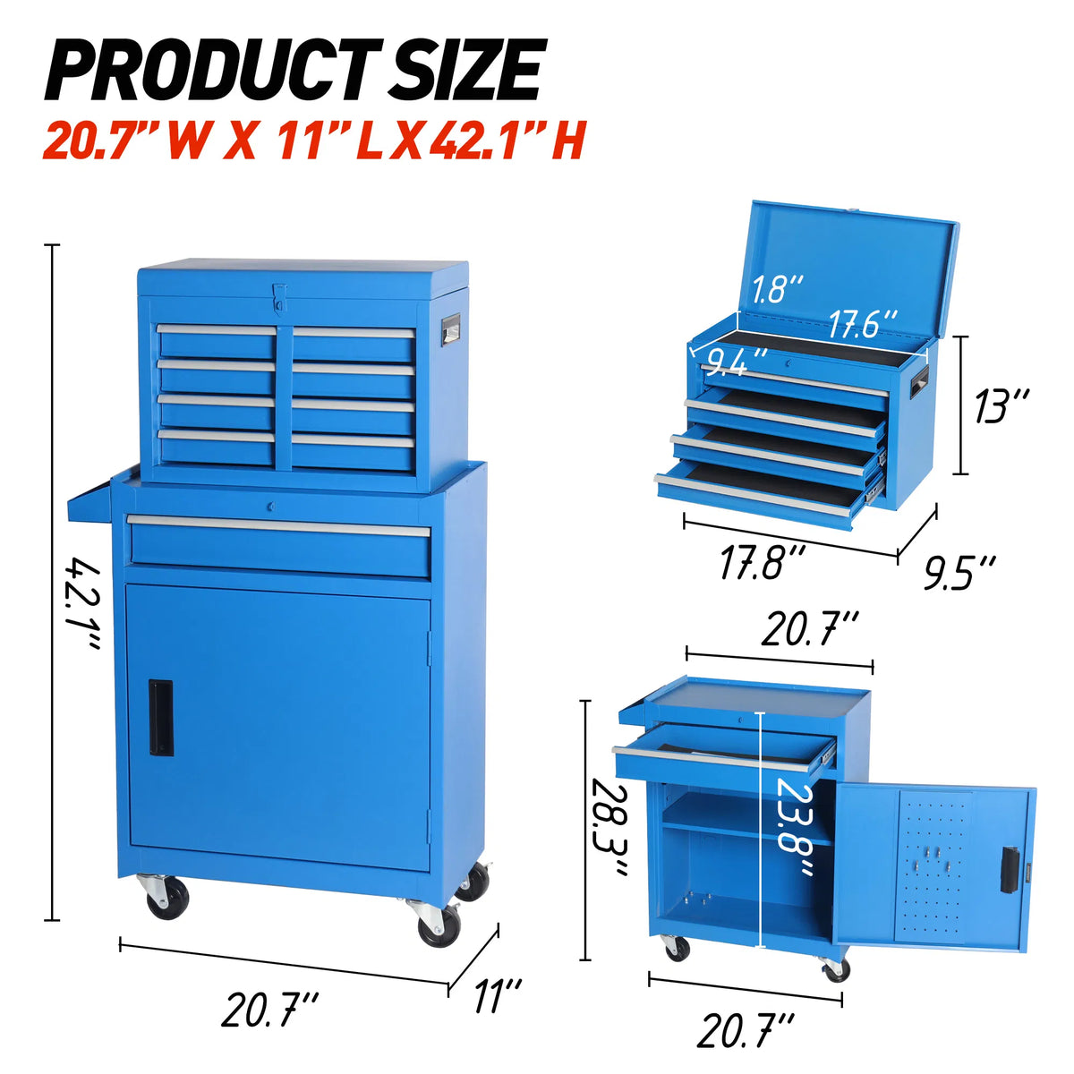 5 Drawer Rolling Tool Storage Cabinet with Detachable Tool Box and Lockable Wheels - In-Use and Feature Display