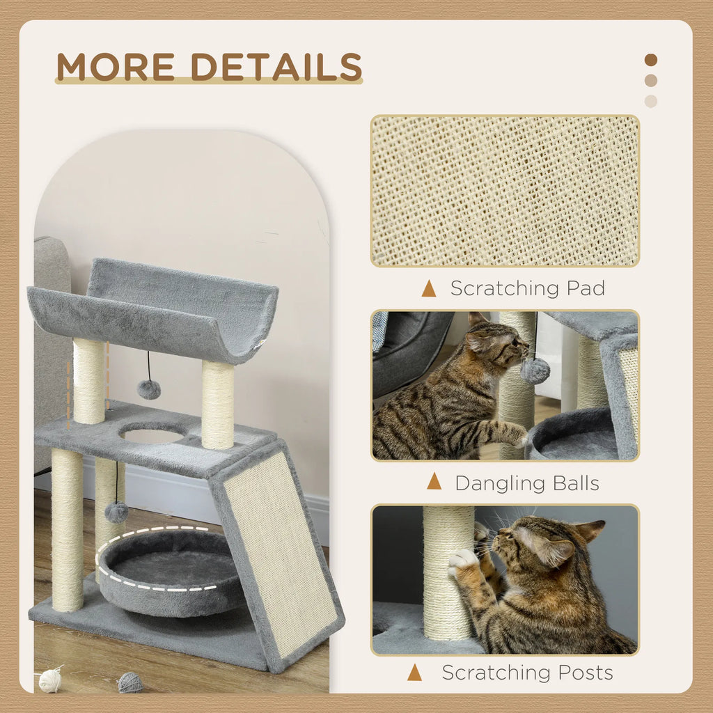 Small Cat Tree with Perch Scratching Posts Pad Bed Toy Balls Light Grey - Image 4