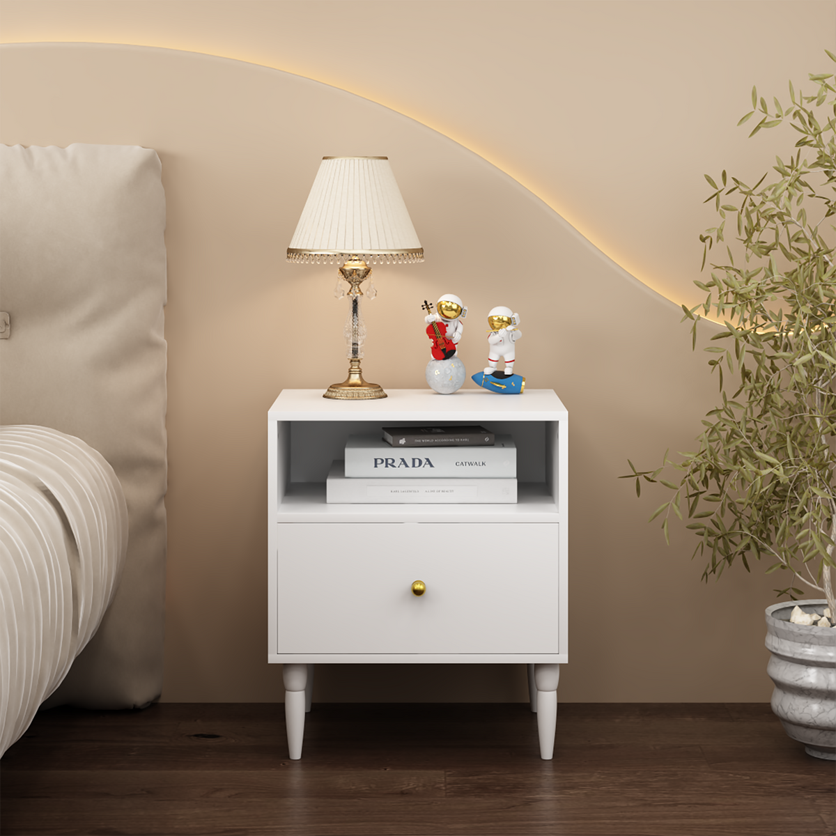 White Nightstand with Drawer, Open Shelf and Gold Knob