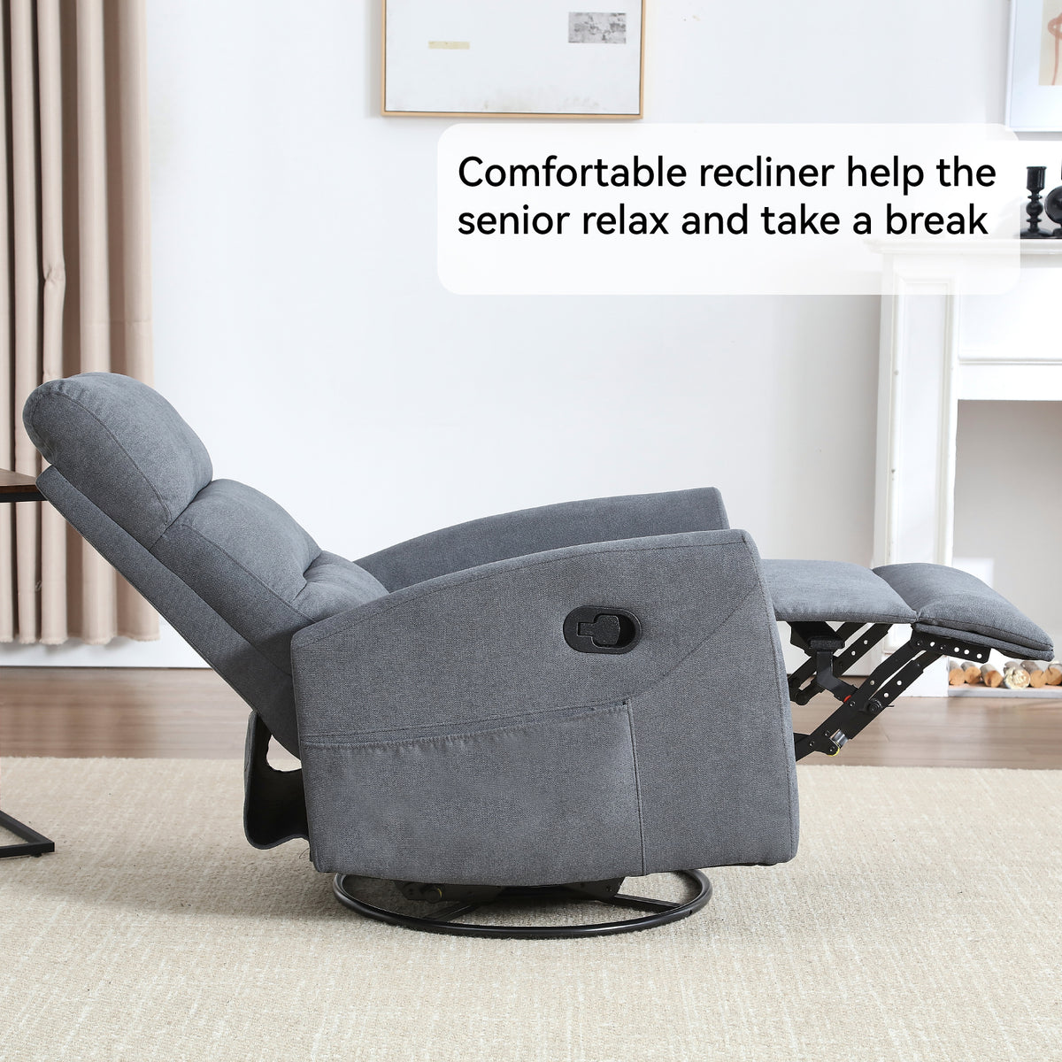 Manual Recliner Chair with Rocker and Swivel in Fabric for Living Room Grey - Image 4