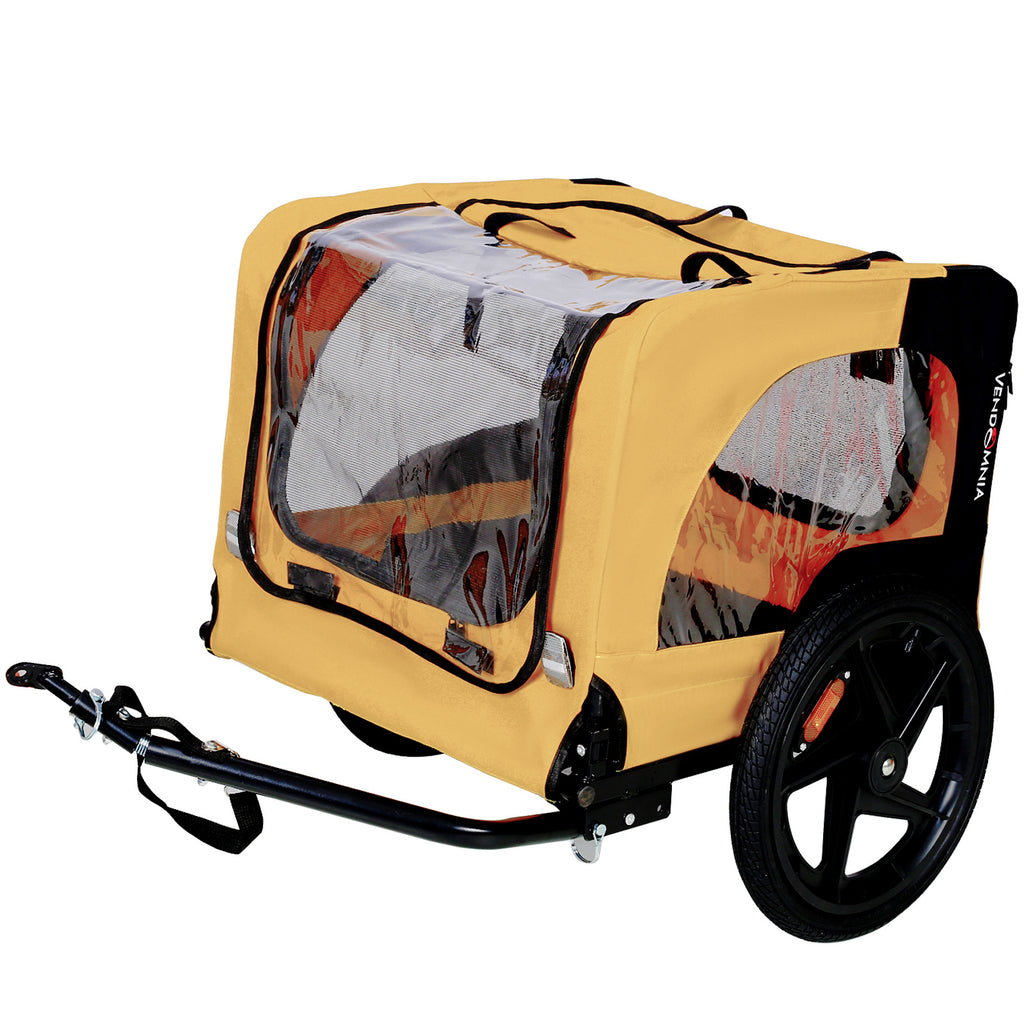Rear view of yellow dog bike trailer with mesh panels