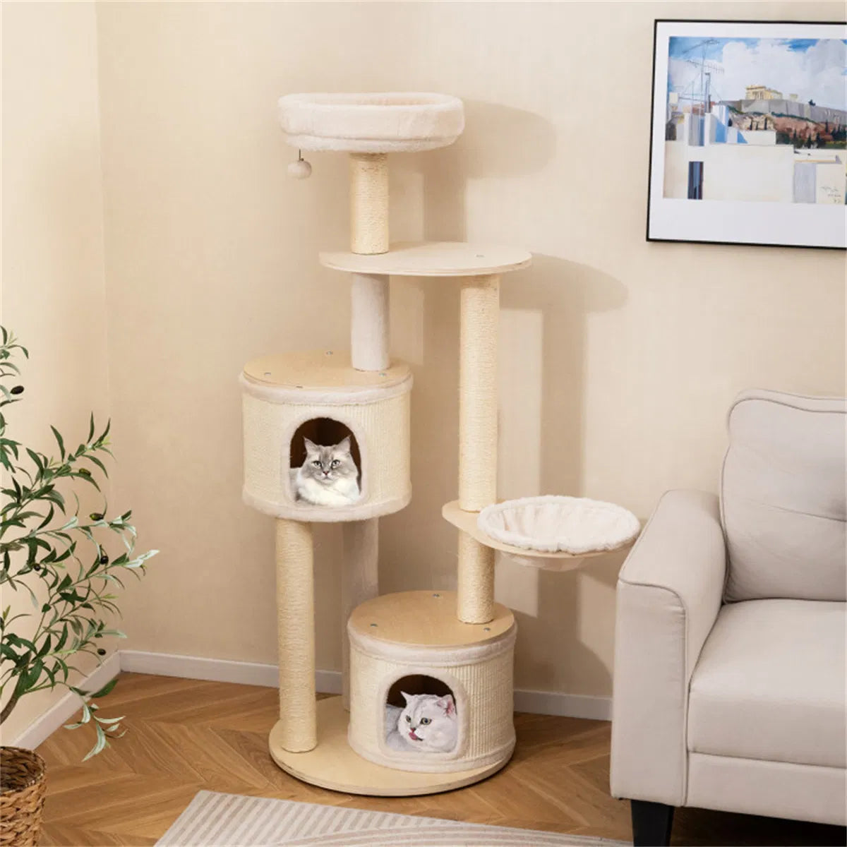 60 Inch Tall Wooden Cat Tree Multi Level Cat Tower with Sisal Scratching Posts - Image 4