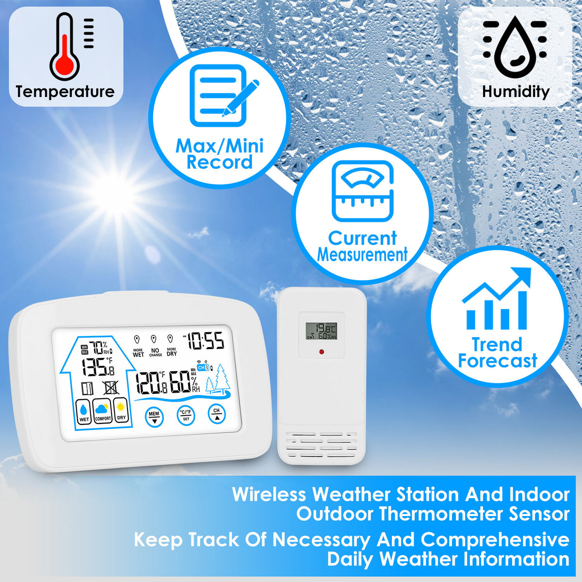 1Pc Wireless Weather Station With Clock 196FT Range Indoor Outdoor Thermometer - Image 2