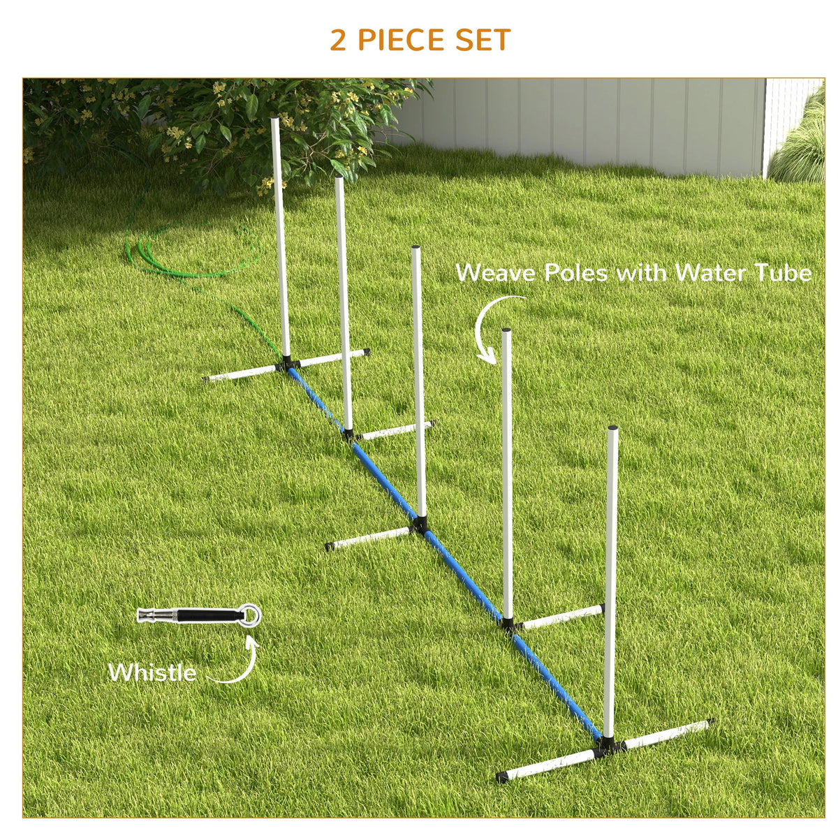 2PCs Dog Agility Kit with Weave Poles Spray Water Tube Whistle Carry Bag White