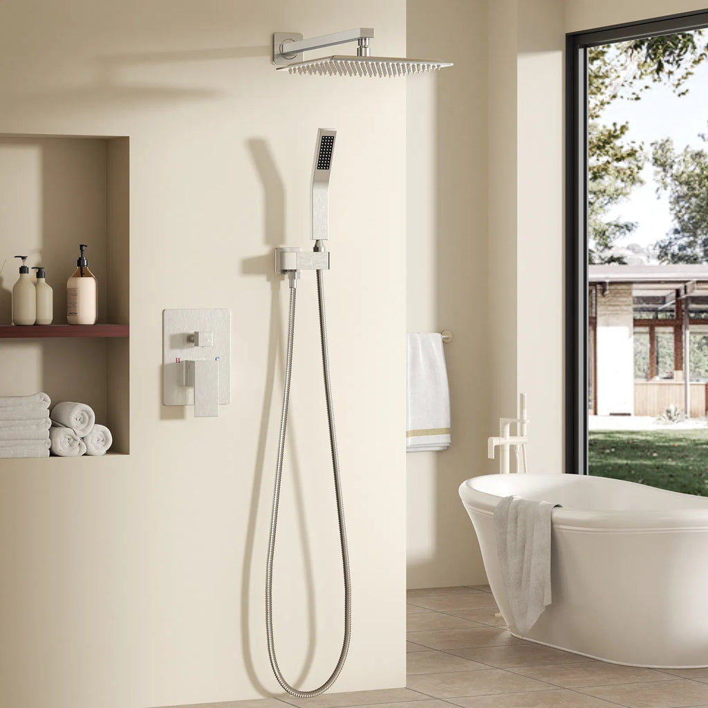 Wall mounted shower faucet set 10 12inch square overhead spray + handheld - Image 2