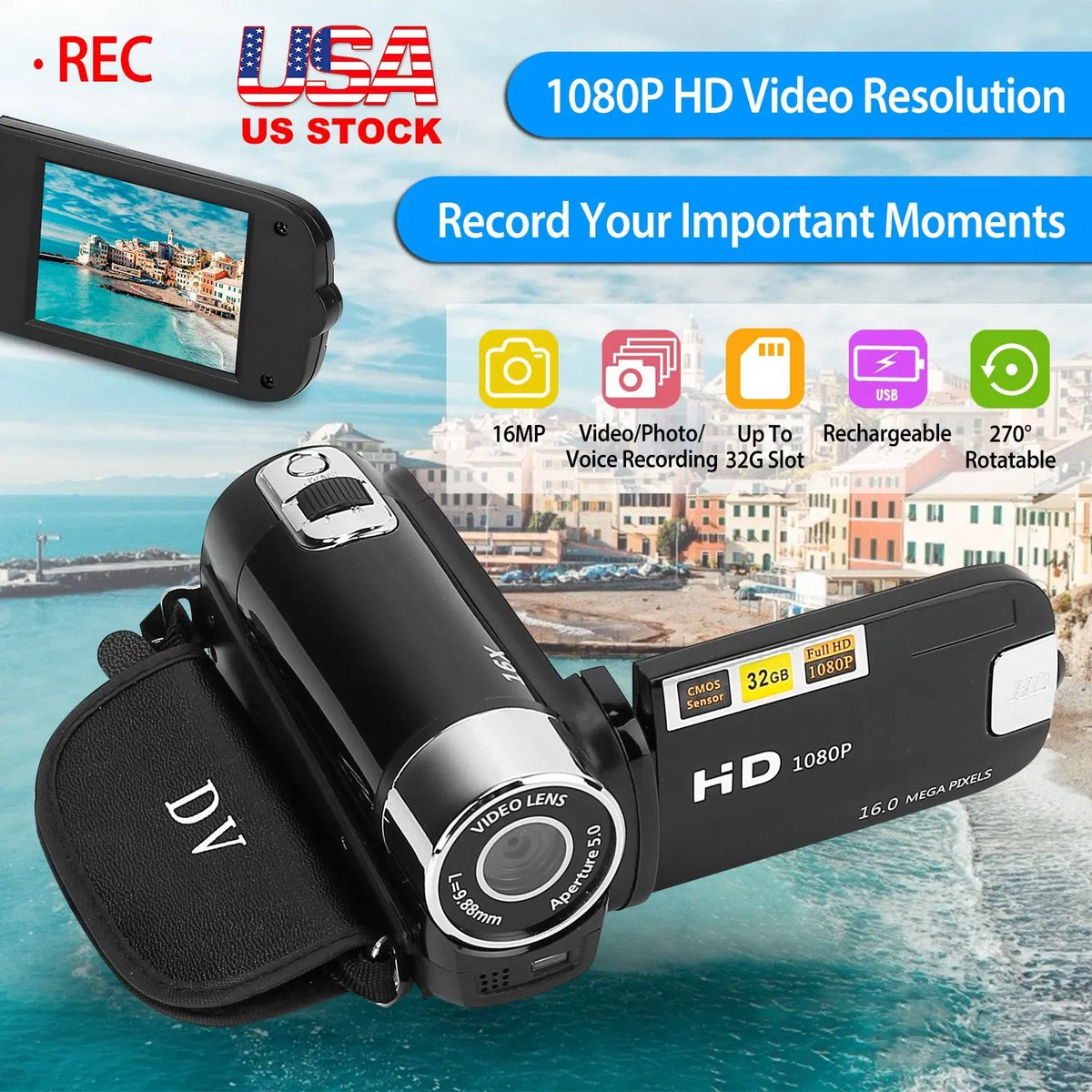HD 1080P Digital Video Camcorder 2.7in 16X Zoom DV Camera 270° Rotation