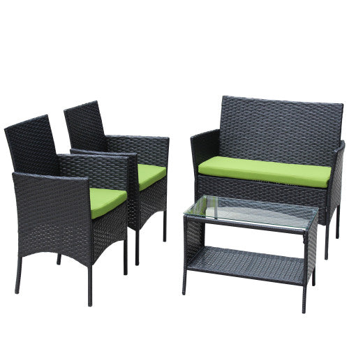 4-Piece Rattan Patio Furniture Set with Green Cushions