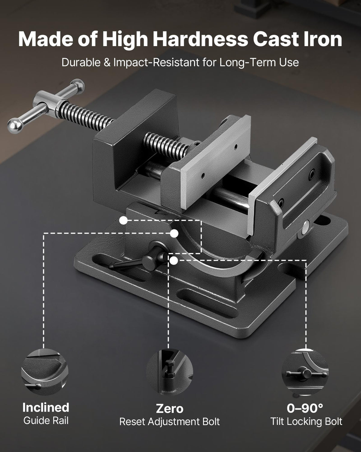Tilting Vise 2.5 Inch Jaw Width Portable Drill Press Bench 0 90° Adjustable - Angle and Detail View
