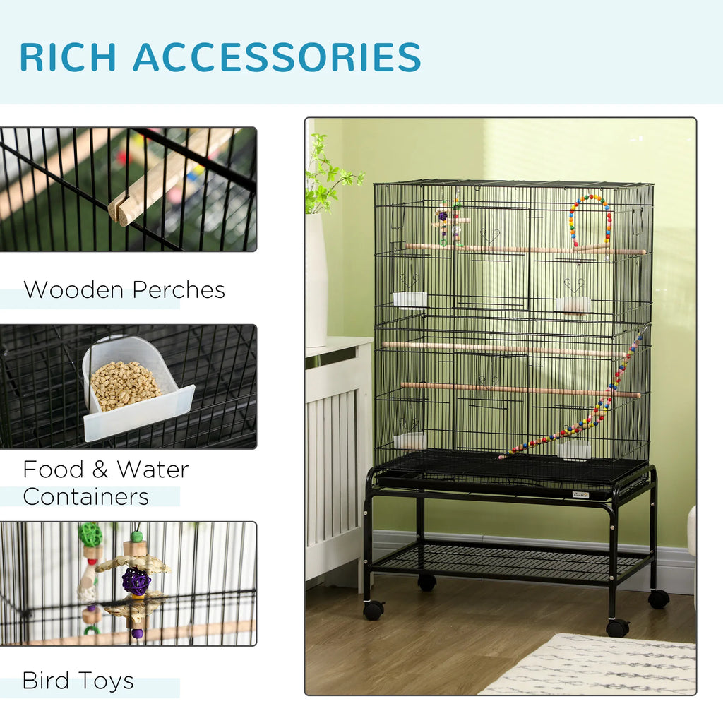 52" Bird Cage with Rolling Stand Toys for Budgies Canaries Black - Image 5