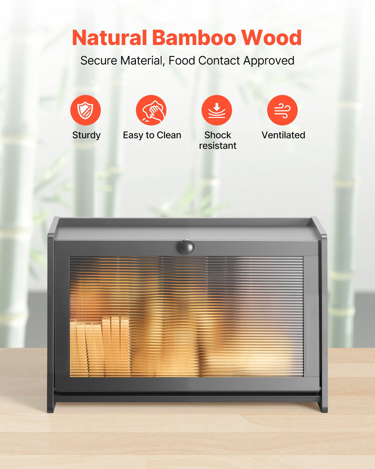 Bread Box For Kitchen Counter Large Capacity Bamboo Storage Container Black - Image 2