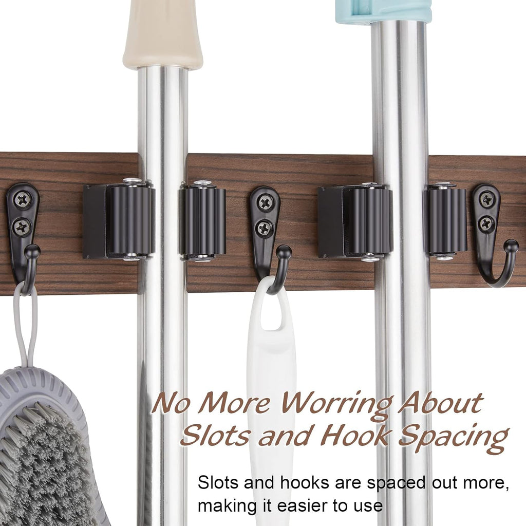 Wood Mop And Broom Holder Wall Mount 4 Slots And 4 Hooks Rustic Tool Rack For