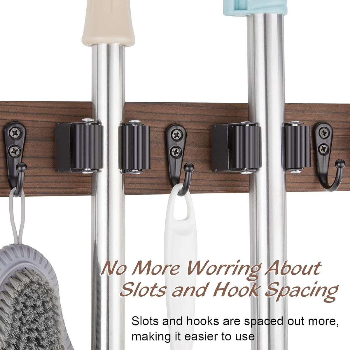 Wood Mop And Broom Holder Wall Mount 4 Slots And 4 Hooks Rustic Tool Rack For