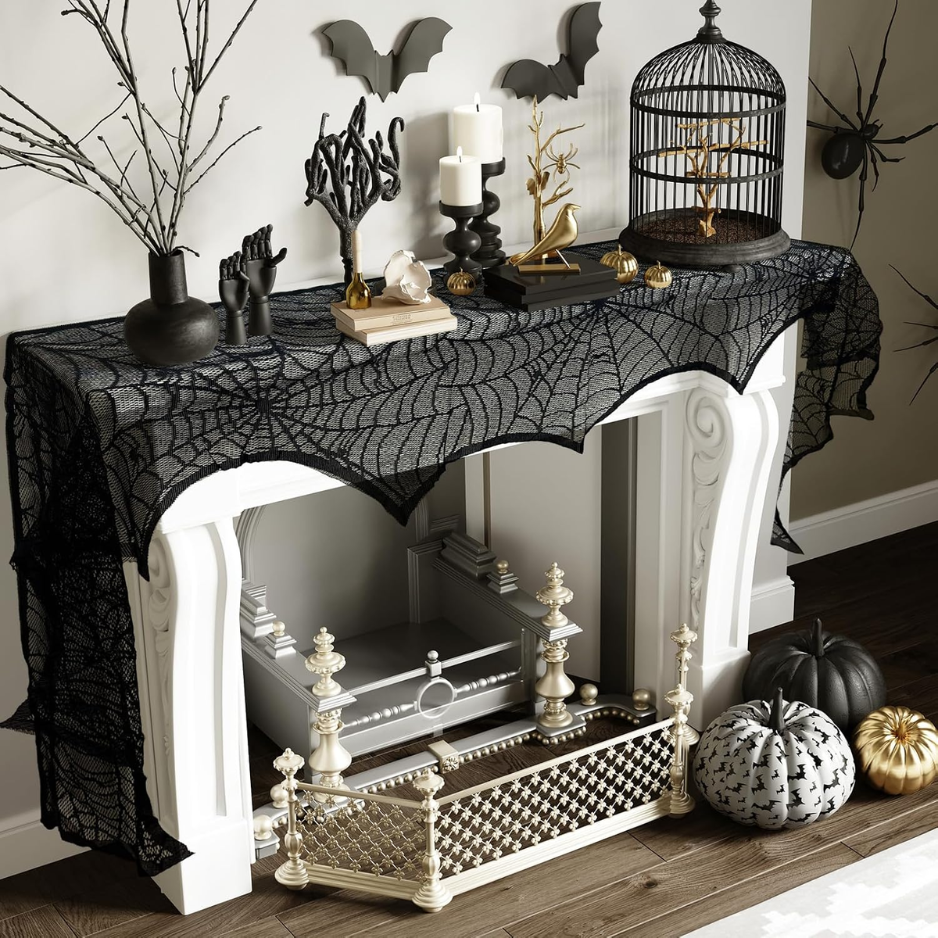 Black Lace Spiderweb Fireplace Mantle Scarf Cover 18 X 96 Spooky Halloween - Image 2