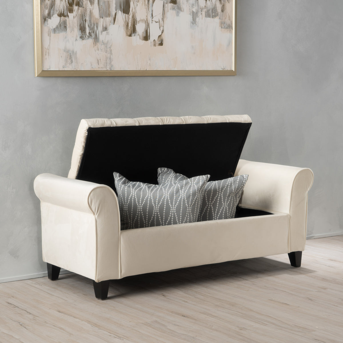 Ivory Upholstered Storage Bench with Rolled Arms