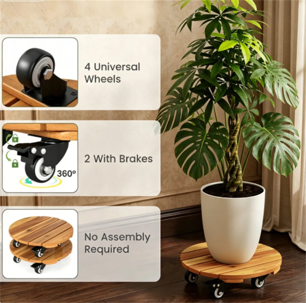 Set of 4 Natural Finish Wooden Plant Pot Mover Portable Round Plant Stand with - Image 3