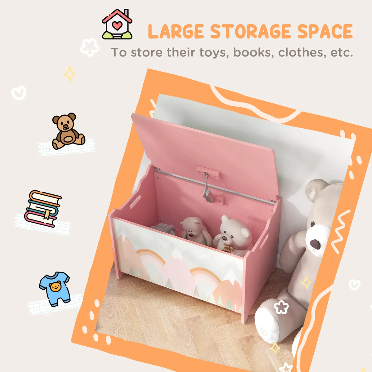 Toy Box with Lid Toy Chest Storage Organizer for Bedroom with Safety Hinge Pink - Image 2