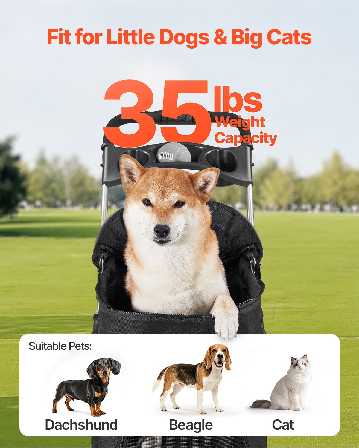Pet stroller with breathable mesh cabin and four-wheel frame