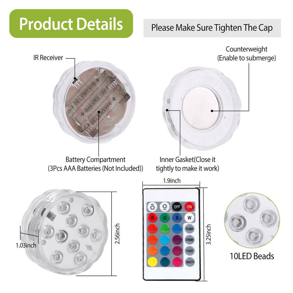 4Pcs RGB Swimming Pool Lights With Remote Control IP68 Waterproof Battery