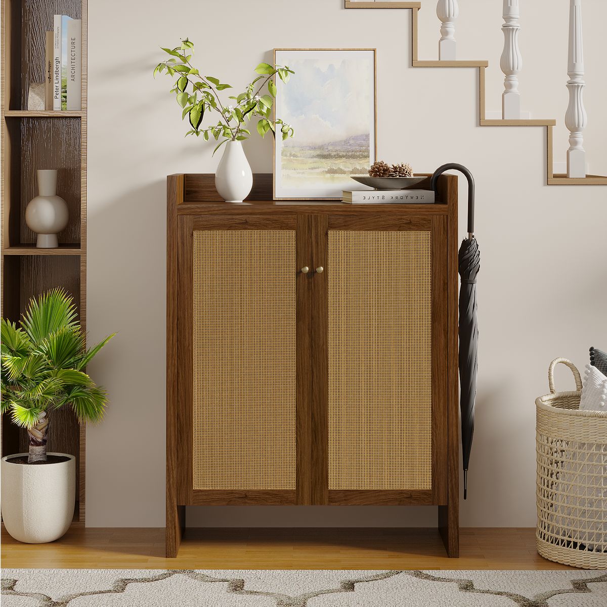 Tall Rattan Shoe Storage Cabinet