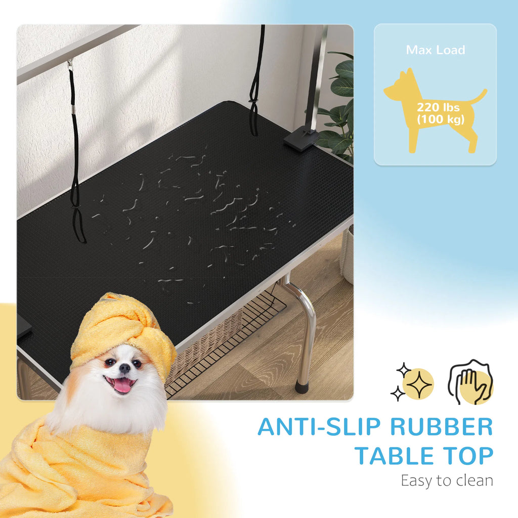 Adjustable Dog Grooming Table with 2 Safety Slings Storage Basket Black - Image 2