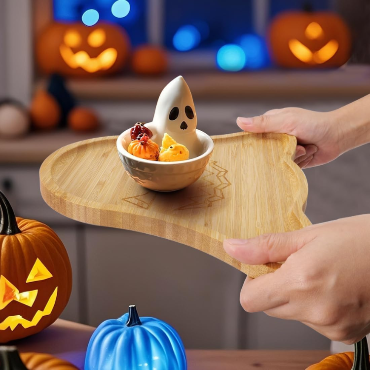 Ghost Shaped Bamboo Serving Tray 10 X 9 Inch Wooden Charcuterie Board Snack - Image 4