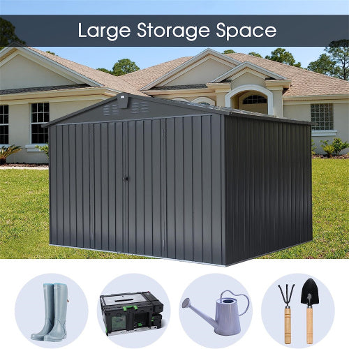 10x8ft galvanized steel outdoor storage shed with lockable sliding doors in dark gray - angle 2 detail