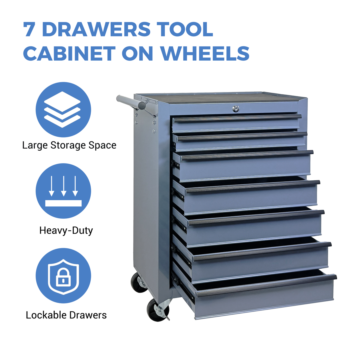 20-Inch Rolling Metal Tool Chest 7 Drawers Grey Steel Storage Cabinet - Side Angle Perspective