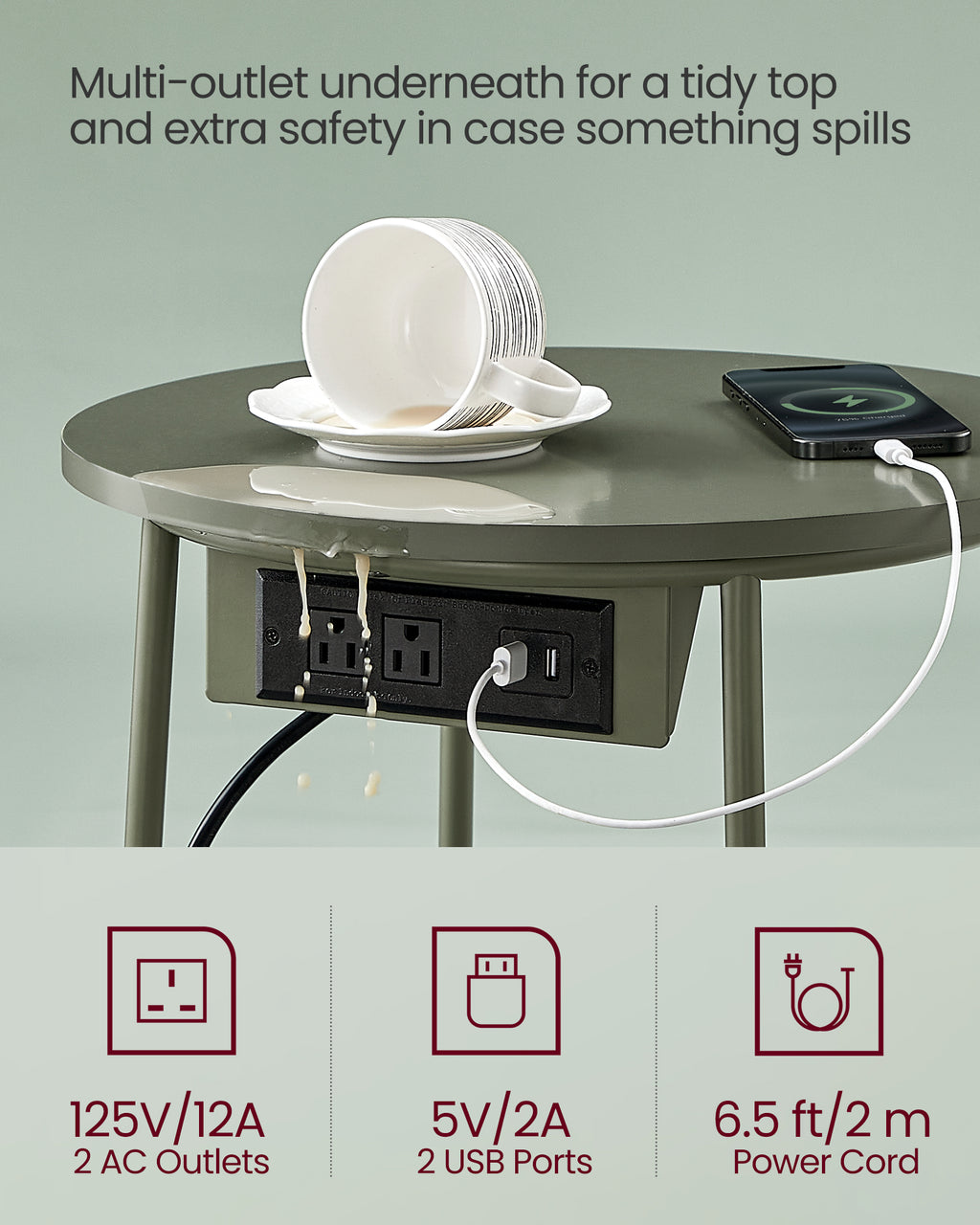 VASAGLE Side Table With Charging Station Fabric Basket Round End Table - Image 3