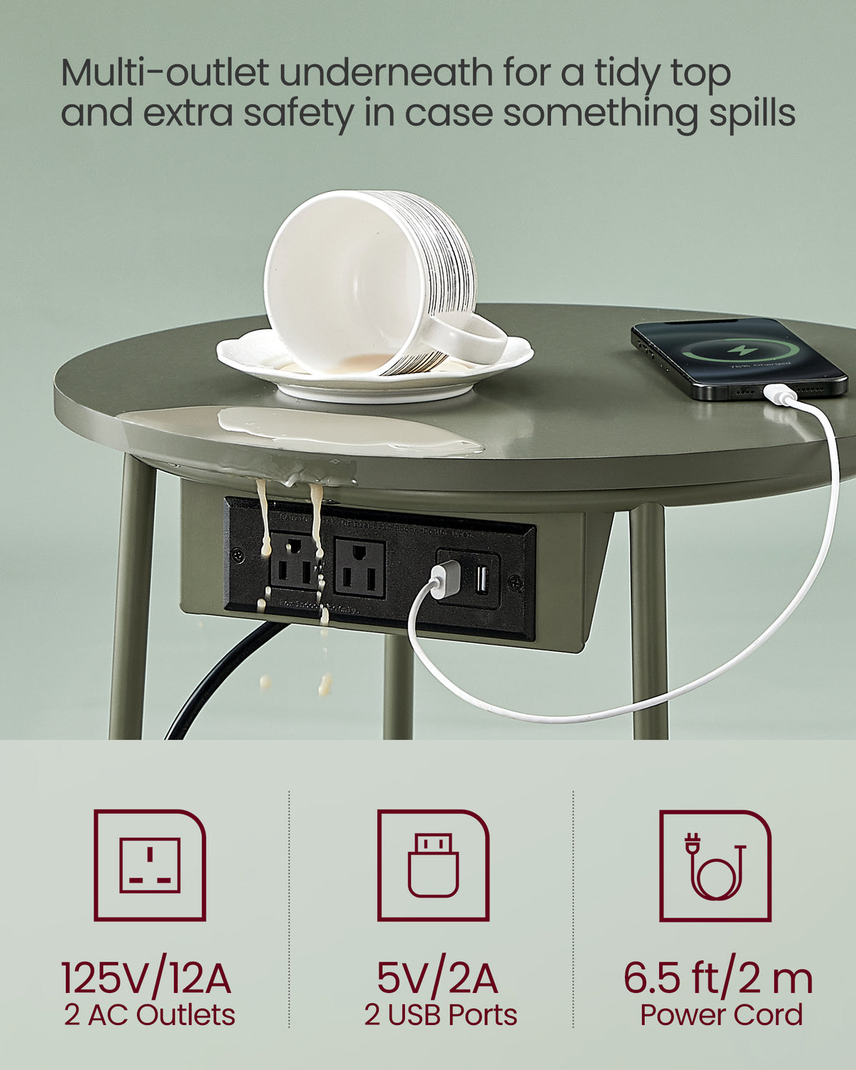 VASAGLE Side Table With Charging Station Fabric Basket Round End Table - Image 3