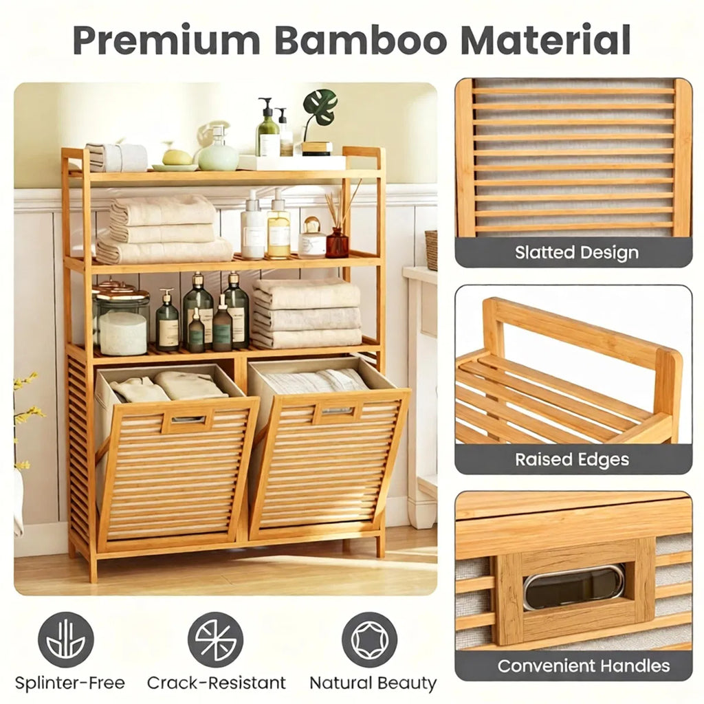 Natural Bamboo Tilt Out Laundry Hamper Cabinet with 2 Removable 7 Gallon Fabric - Image 2